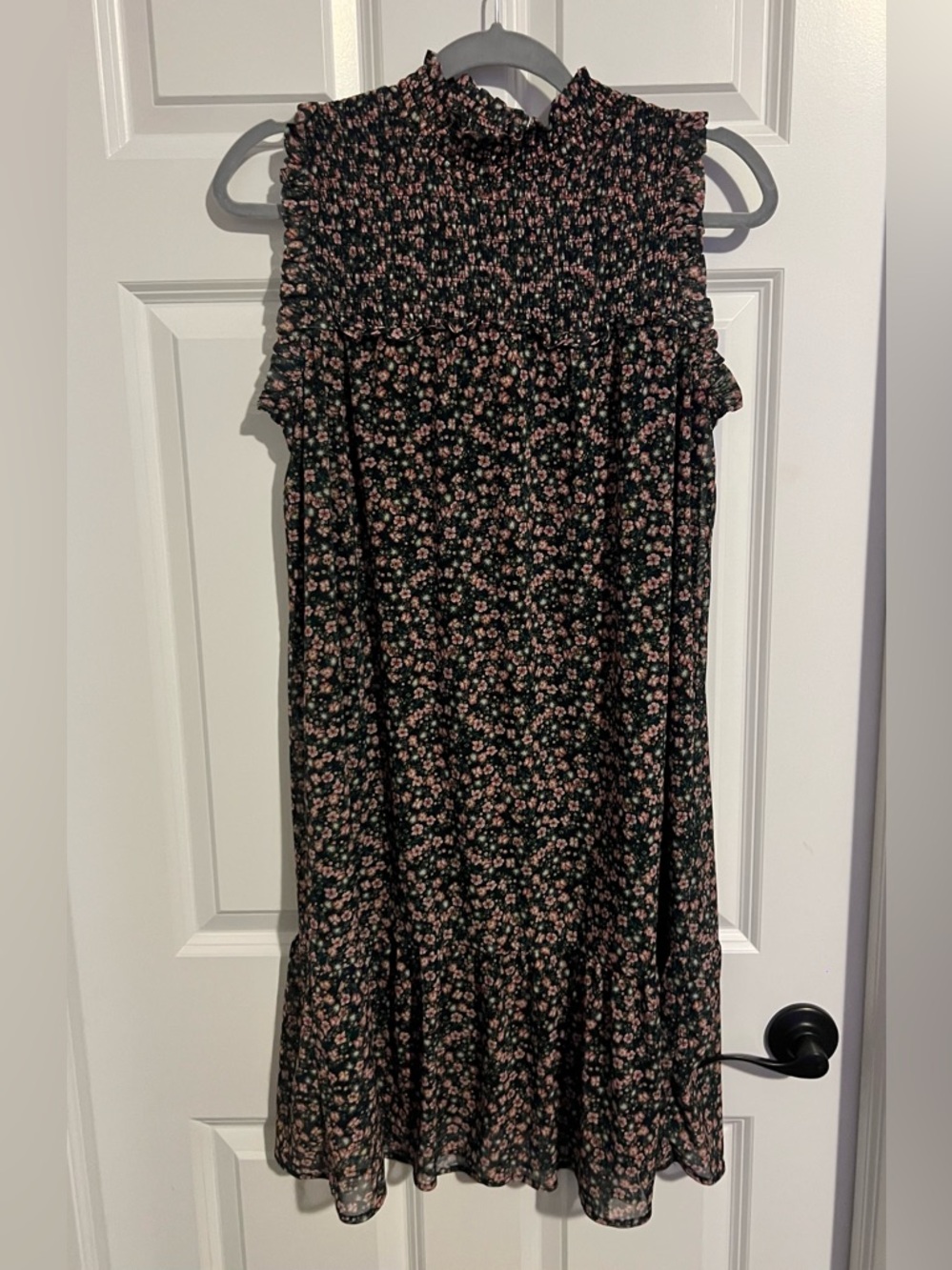Maurices Black Floral Sleeveless Ruffled Neck Dress